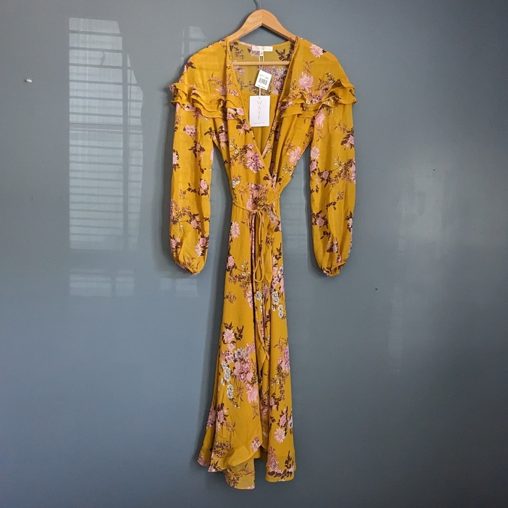 Wayf golden yellow floral long sleeve maxi wrap dress size XS NWT - Picture 2 of 9